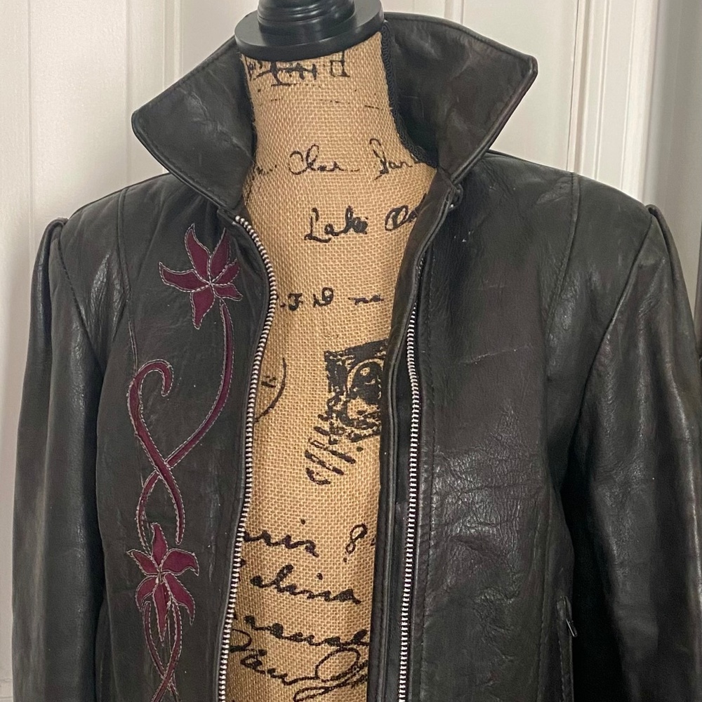 Women's Black Leather Jacket with Burgundy Floral Stitching